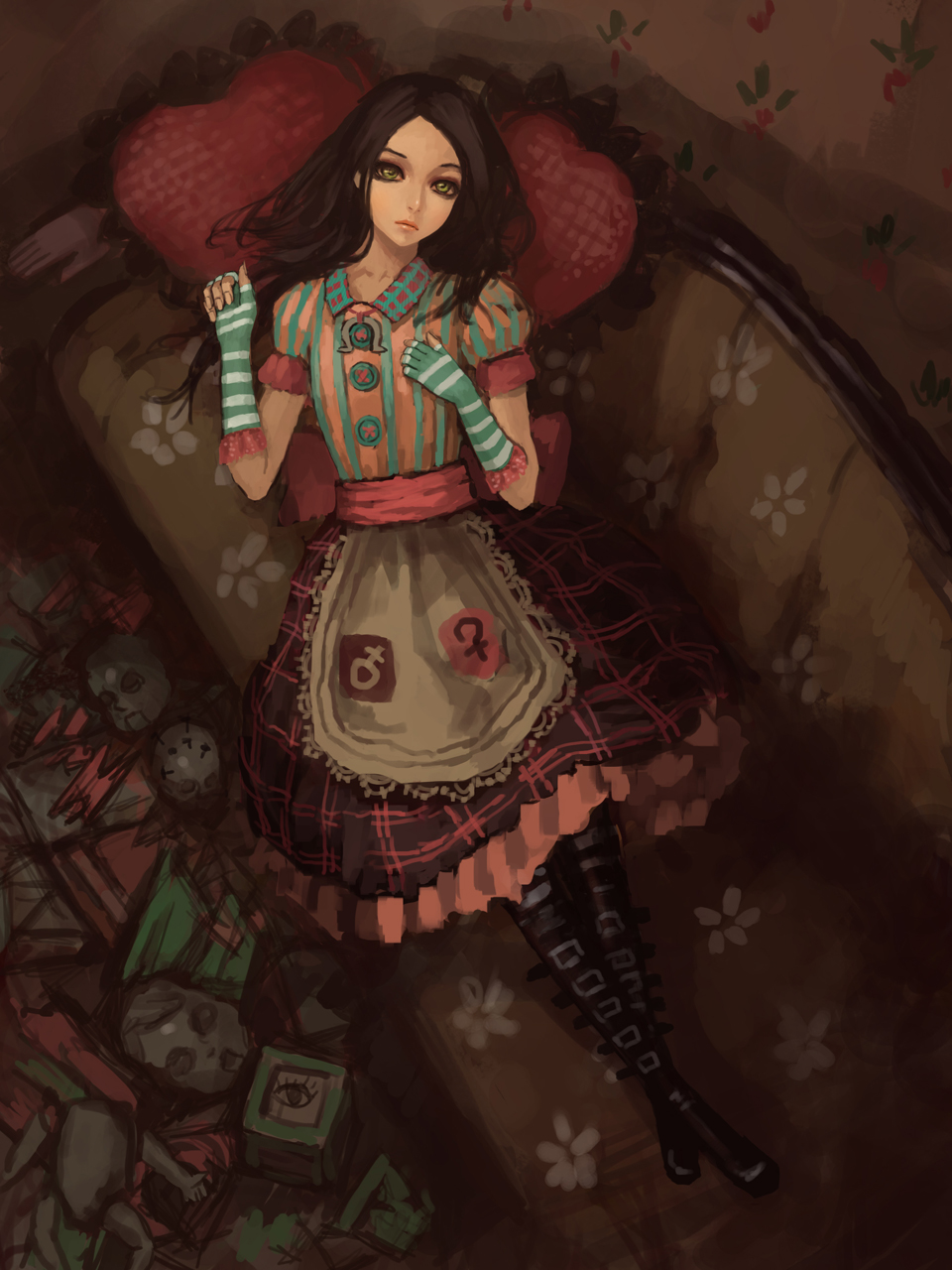 alice_(wonderland), alice_in_wonderland, alternate_costume, american_mcgee's_alice, boots, couch, doll_head, fingerless_gloves