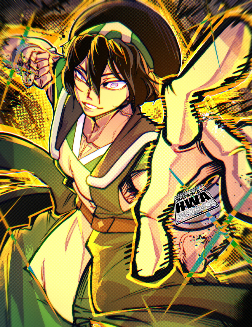 1boy, absurdres, aged_up, ankle_cuffs, avatar:_aang_the_last_airbender, avatar:_the_last_airbender, avatar_legends, black_hair, blind, capri_pants, green_hairband, green_pants, hair_bun, hairband, highres, hwarangutan, pants, single_hair_bun, smile, solo, toph_beifong