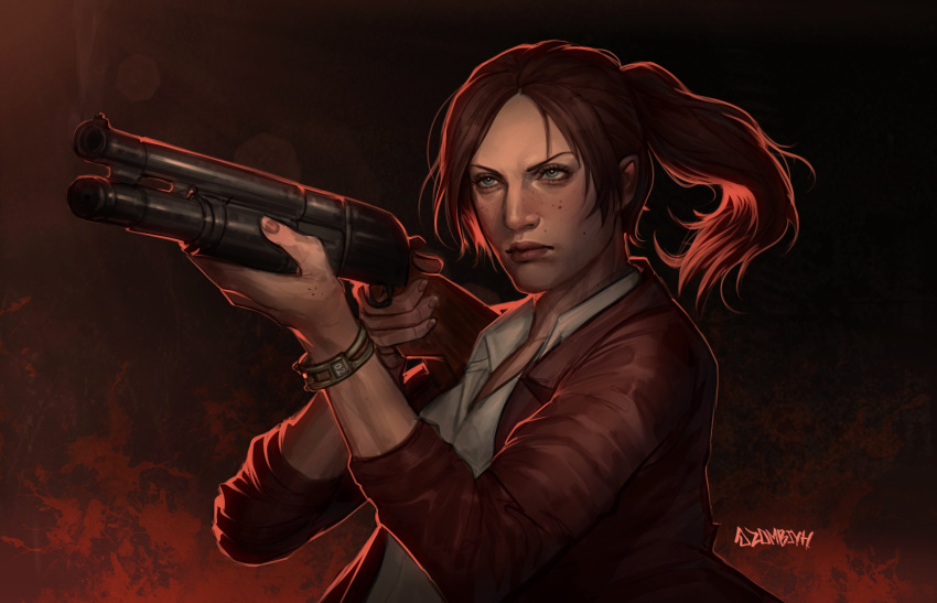 1girl, aegyo_sal, backlighting, bracelet, brown_hair, claire_redfield, collared_shirt, double-barreled_shotgun