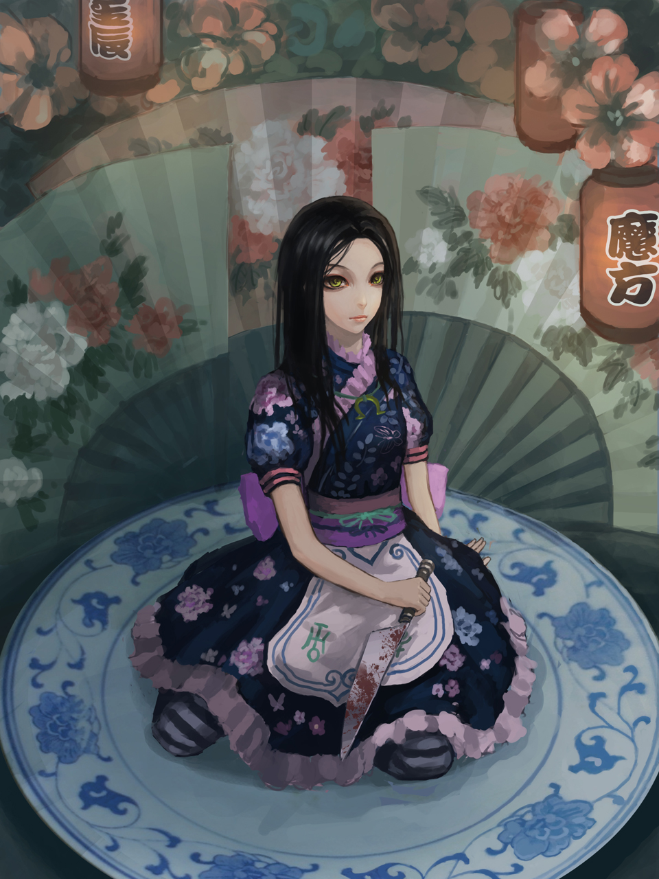 alice_(wonderland), alice_in_wonderland, alternate_costume, american_mcgee's_alice, blade, blood, fan, gjred