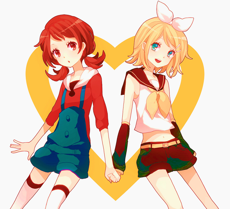 aqua_eyes, blonde_hair, brown_eyes, brown_hair, crossover, hair_ornament, hair_ribbon, hairclip