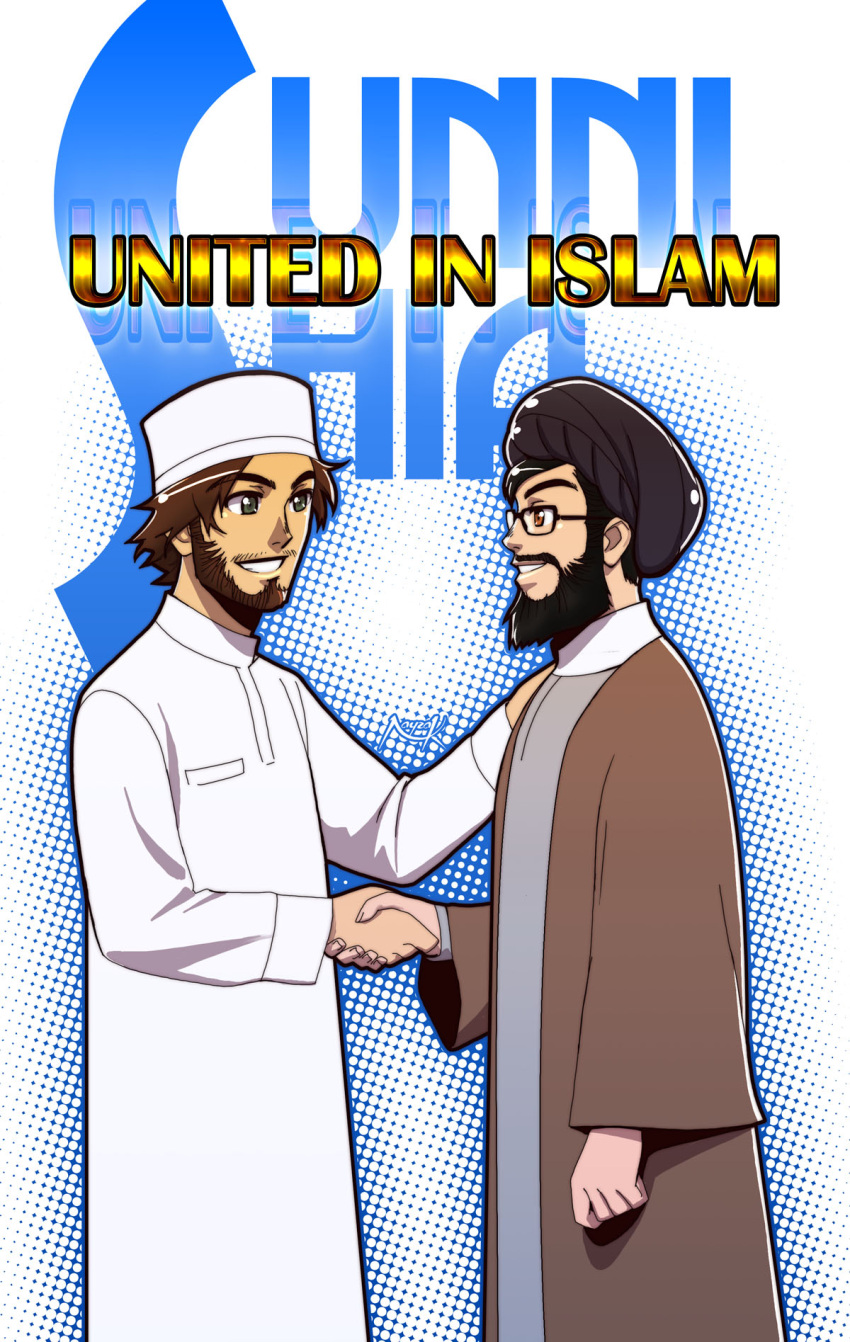 2boys, artist_name, beard, black-framed_eyewear, black_facial_hair, black_hair, black_turban, brown_cloak