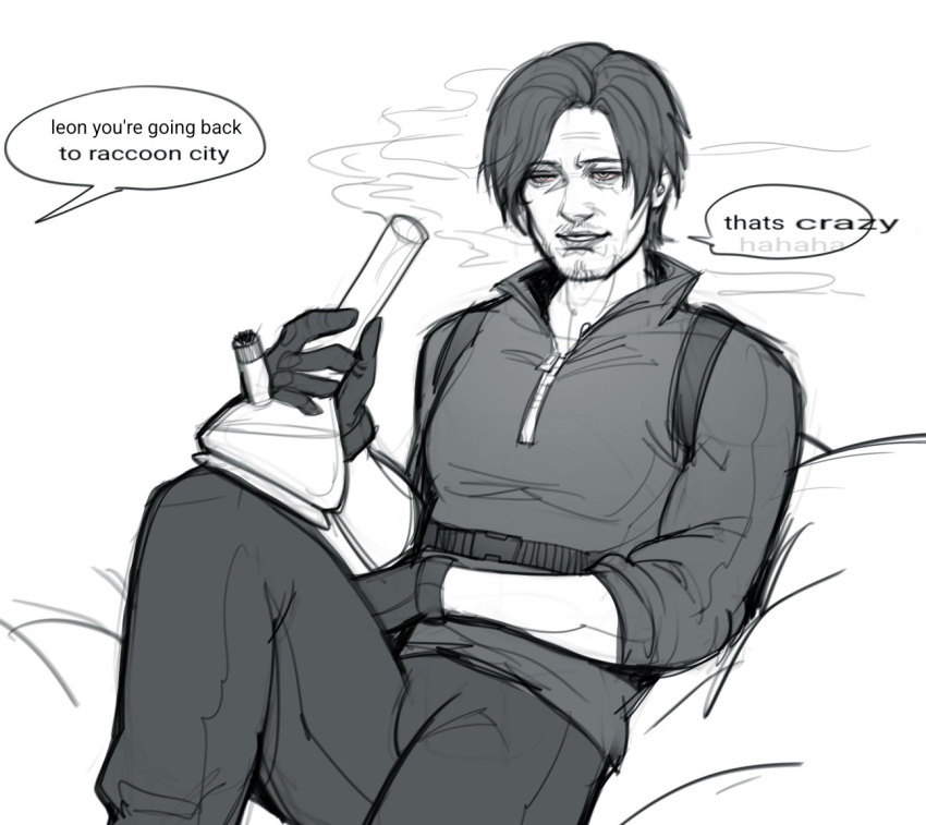 1boy, beard_stubble, bloodshot_eyes, chest_belt, chest_holster, english_text, facial_hair, feet_out_of_frame