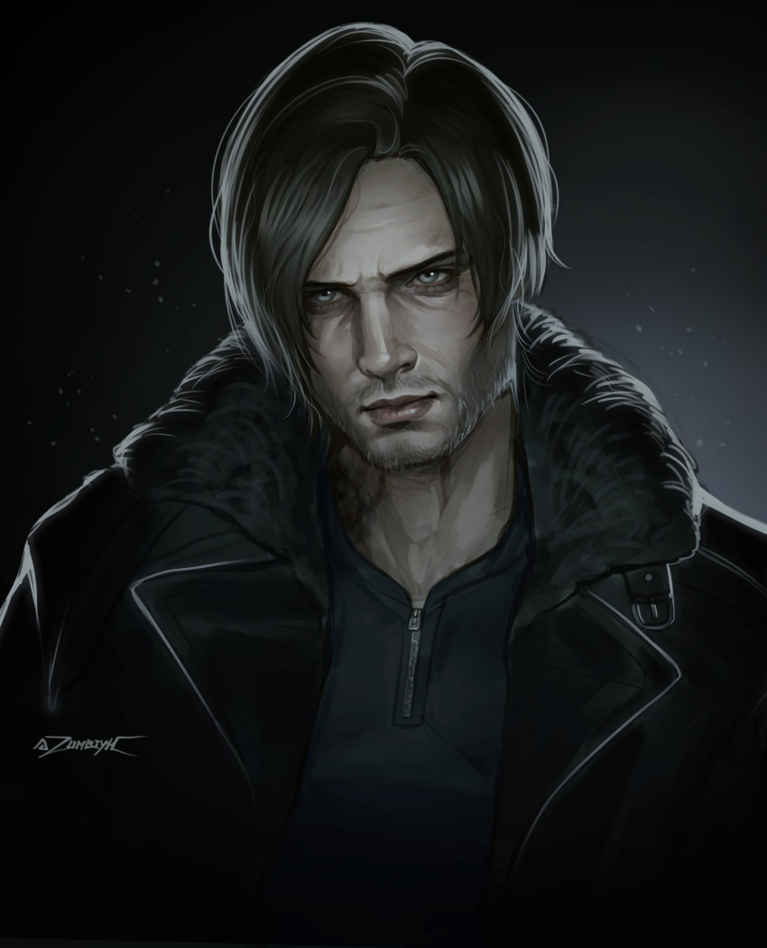 1boy, aegyo_sal, backlighting, beard_stubble, black_jacket, black_shirt, blue_eyes, brown_hair, facial_hair, fur_trim, furrowed_brow, head_tilt, highres, jacket, leon_s._kennedy, male_focus, mature_male, resident_evil, resident_evil_requiem, shirt, short_hair, solo, stubble, upper_body, wrinkled_skin, zombiyh