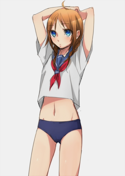 braid, brown_hair, buruma, midriff, navel, oi_yameru, original, school_uniform
