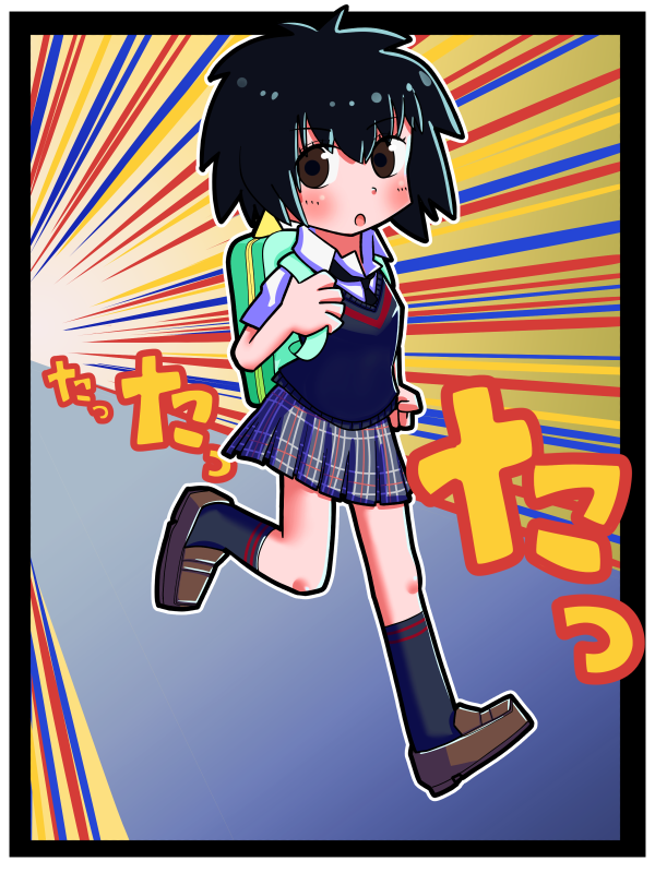 1girl, :o, arm_at_side, backpack, bag, black_border, black_hair, black_necktie