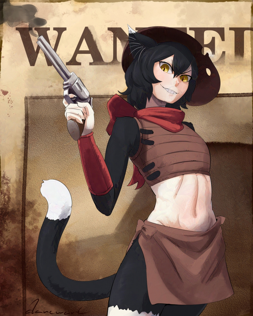 1girl, animal_ears, black_hair, cat_ears, cat_girl, cat_tail, colt_single_action_army, cowboy