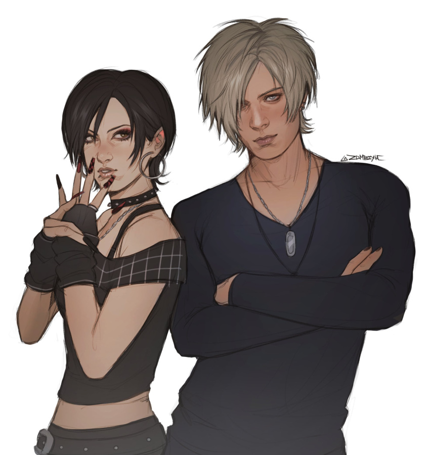 1boy, 1girl, ada_wong, aegyo_sal, alternate_costume, arm_warmers, belt, black_hair