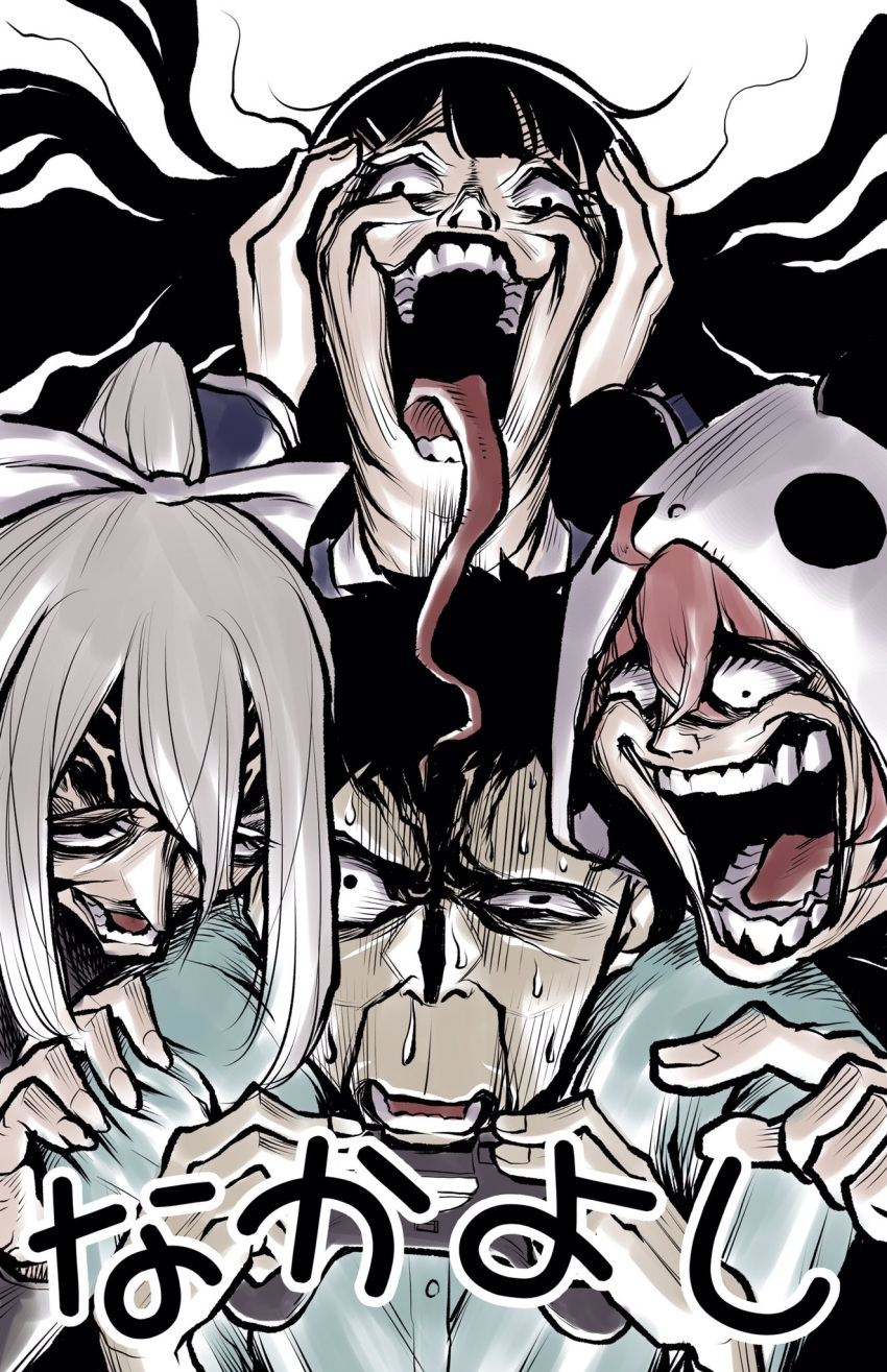 1boy, 3girls, animal_hood, big_mouth, black_hair, blue_shirt, bow, commentary_request
