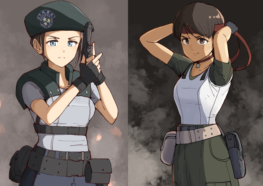 2girls, absurdres, adjusting_bandana, bandana, beret, black_gloves, blue_eyes, blue_hat