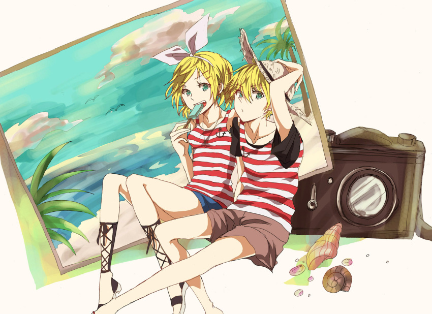 bad_id, blonde_hair, brother_and_sister, hair_ornament, hair_ribbon, hairclip, hat, kagamine_len