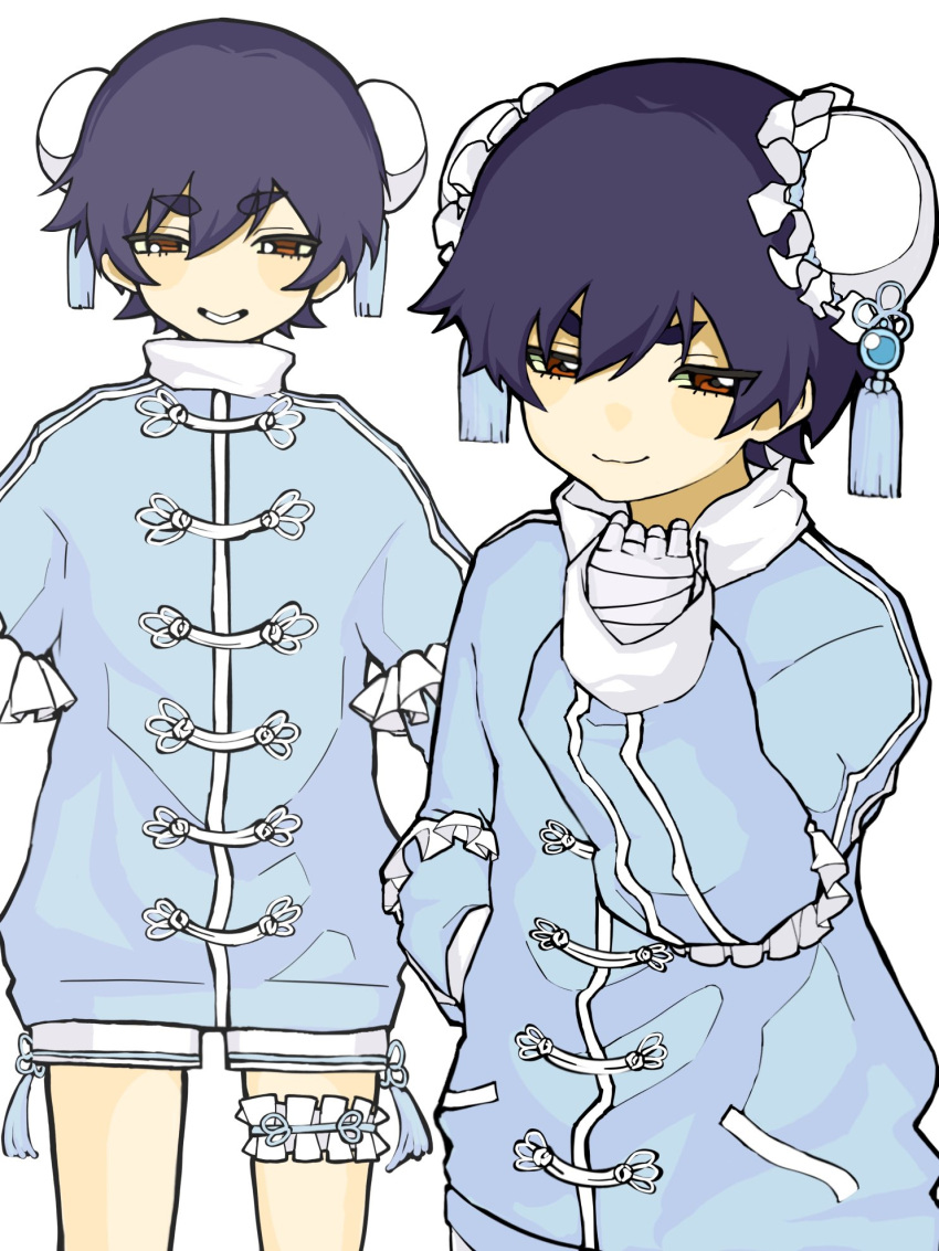 1996katabami, 1girl, :3, bandaged_arm, bandages, blue_romper, brown_eyes, bun_cover
