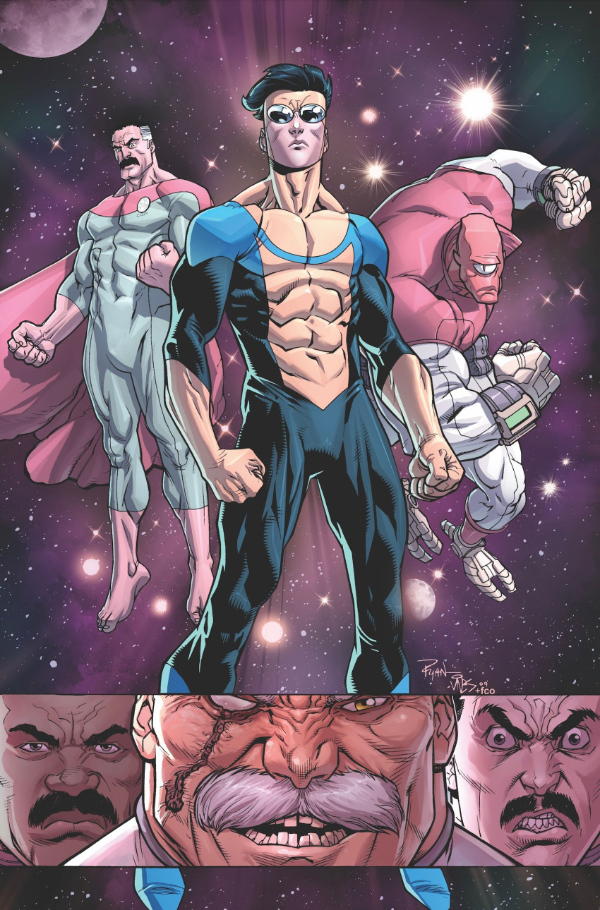 6+boys, absurdres, allen_(invincible), black_hair, cape, cleft_chin, clenched_hands, clenched_teeth