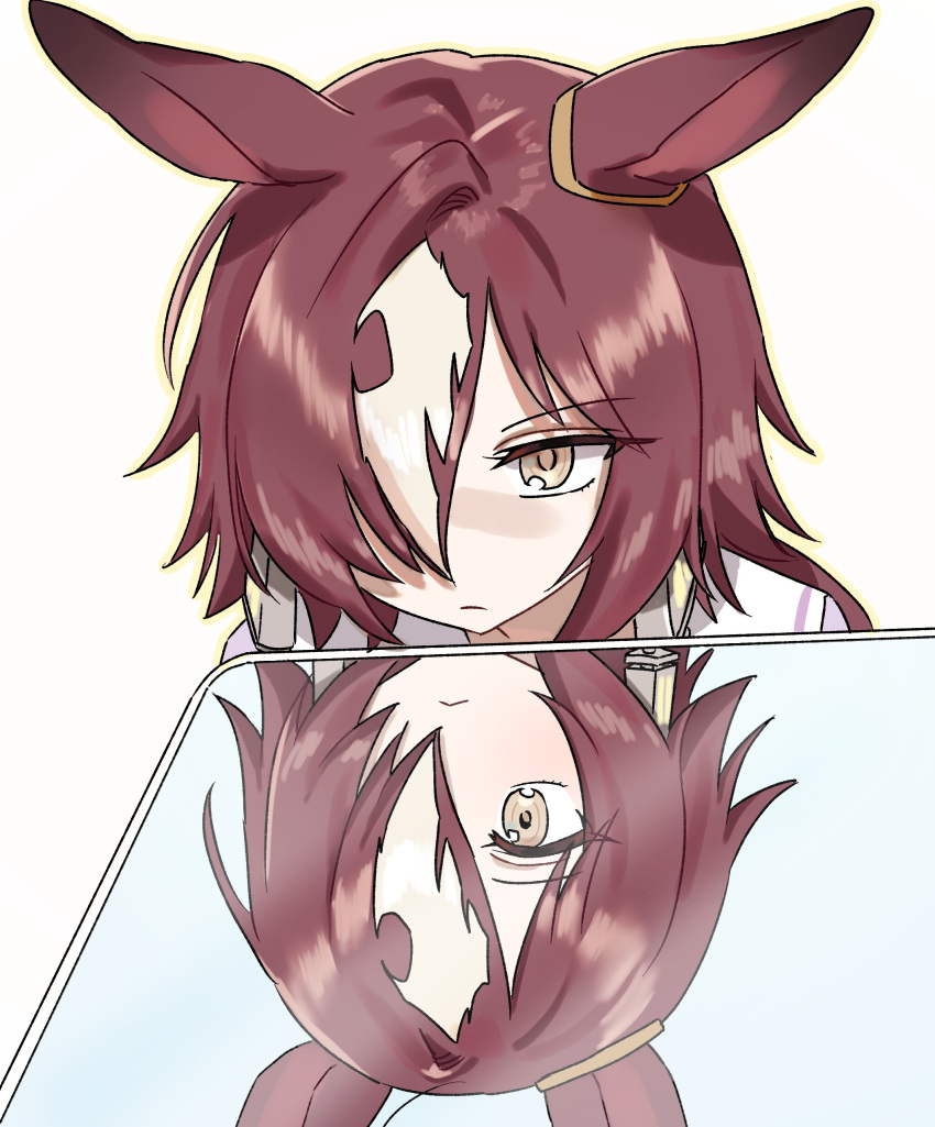 1girl, absurdres, animal_ears, baejimile, brown_hair, closed_mouth, different_reflection, frown, hair_over_one_eye, highres, horse_ears, horse_girl, it's_all_a_matter_of_angle_(meme), looking_at_viewer, meme, multicolored_hair, one_eye_covered, outline, reflection, school_uniform, simple_background, solo, streaked_hair, tracen_school_uniform, umamusume, v-shaped_eyebrows, vodka_(umamusume), white_background, white_hair, yellow_outline