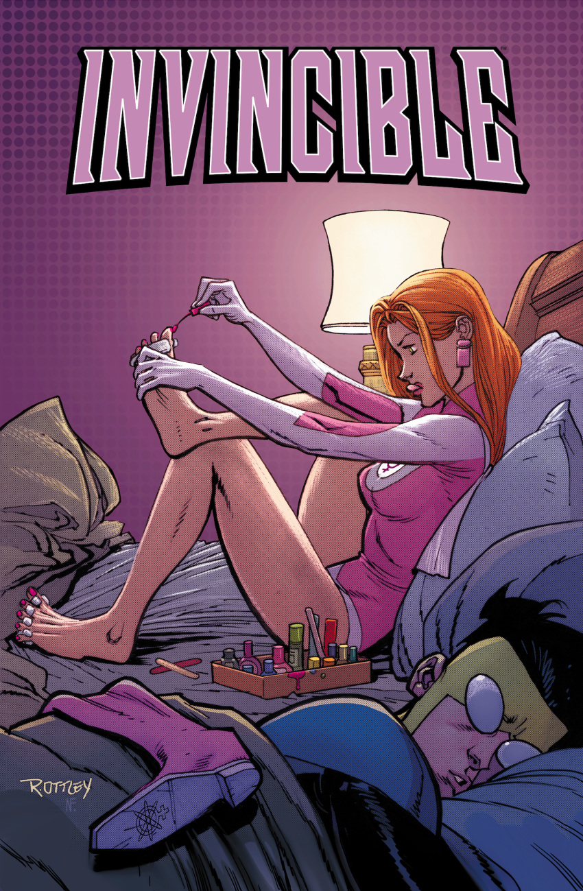 1boy, 1girl, absurdres, applying_pedicure, atom_eve, barefoot, bed, black_hair