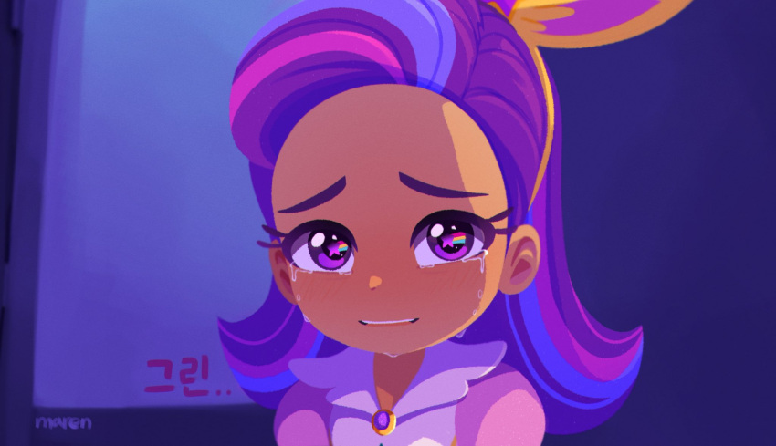 +_+, 1girl, commentary_request, crying, facing_viewer, highres, korean_commentary, maren, purple_hair, purple_star_(rainbow_bubblegem), rainbow_bubblegem, tears, violet_eyes