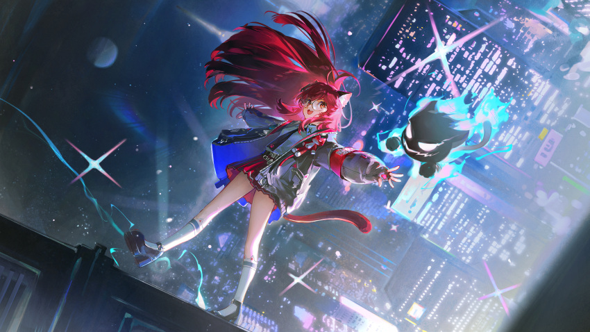 1girl, animal_ear_fluff, animal_ears, armband, black_necktie, building, cat_ears, cat_girl