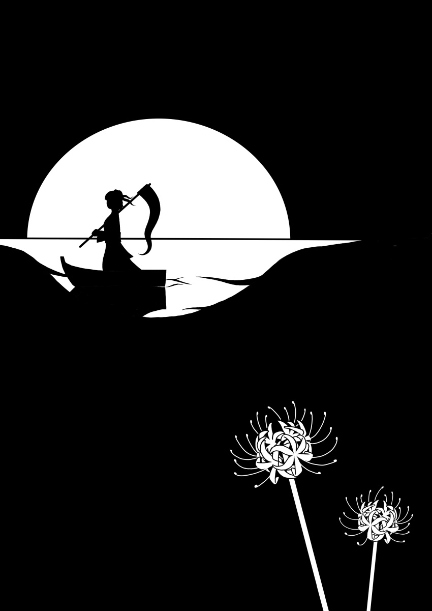 1girl, absurdres, commentary, ferry_(ship), flower, from_side, greyscale, highres