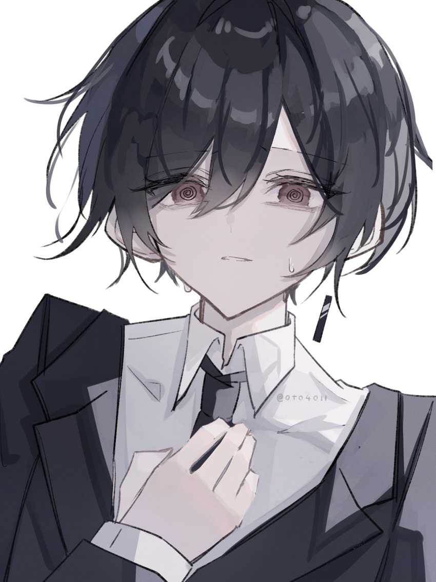 1boy, @_@, androgynous, black_hair, black_necktie, brown_eyes, clothes_grab, collared_shirt, commentary_request, earrings, grey_background, highres, jewelry, male_focus, necktie, necktie_grab, neckwear_grab, original, ringed_eyes, shirt, short_hair, simple_background, single_earring, solo, suit, sweatdrop, teeth, white_shirt, yintou