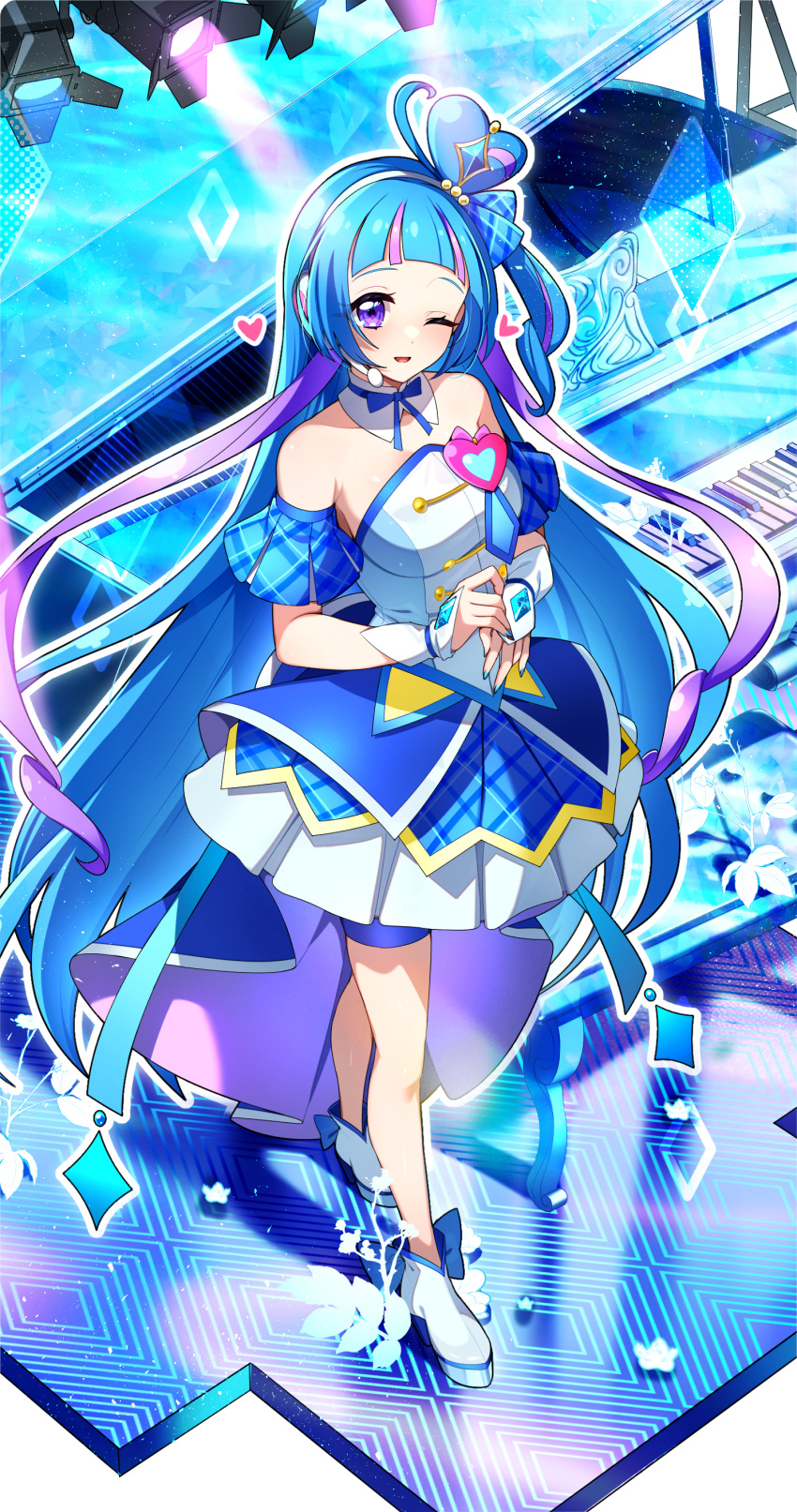 1girl, absurdres, aokaze_nana, blue_dress, blue_hair, blue_nails, blue_wrist_cuffs, blush