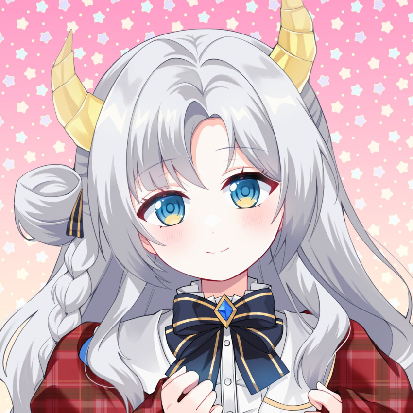 1girl, blue_bow, blue_eyes, bow, braid, gradient_eyes, hair_bun, highres