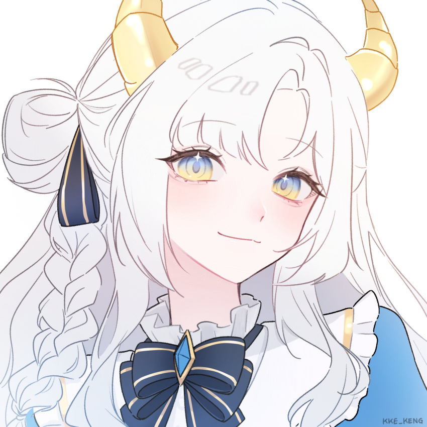 1girl, blue_bow, blue_dress, blue_ribbon, blush, bow, braid, close-up