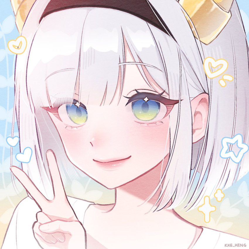 1girl, blue_eyes, blush, close-up, commentary_request, gradient_eyes, headband, heart