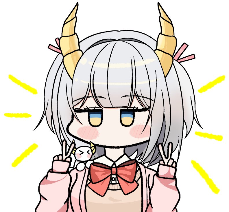 1girl, blush, cardigan, chibi, commentary_request, hair_ornament, horns, iana_ignosis