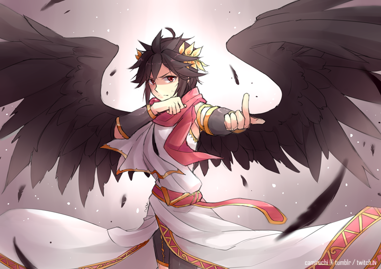 1boy, ahoge, alternate_color, angel, angel_wings, black_hair, camiruchi, dark_pit