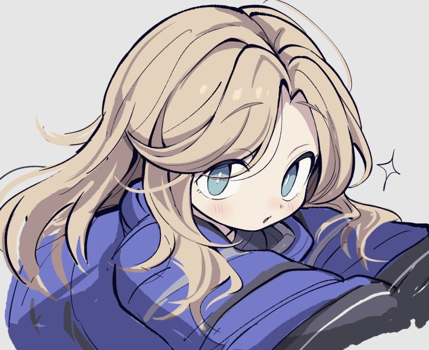 1girl, aqua_eyes, blonde_hair, blue_coat, blush, bright_pupils, coat, diana_(pragmata)