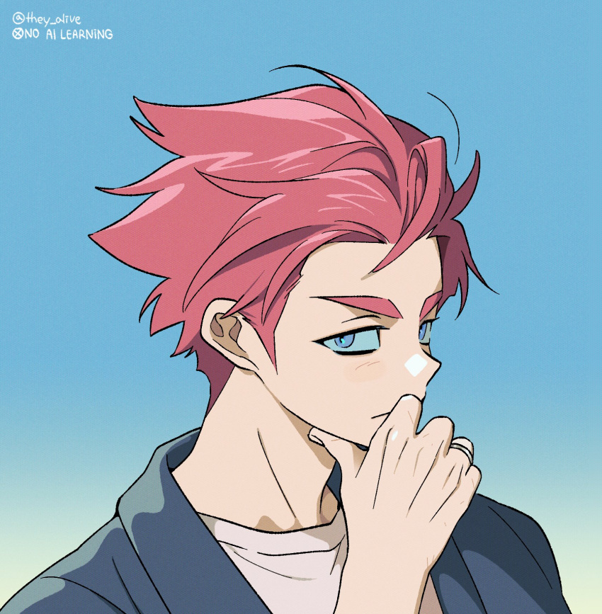 1boy, blue_background, blue_eyes, blue_jacket, blush, embarrassed, gradient_background, guardians_of_the_videogame
