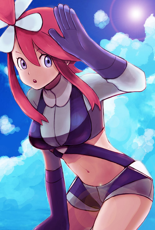 blue_eyes, cloud, fuuro_(pokemon), gloves, gym_leader, hair_ornament, lens_flare, midriff, moggy-cat, navel, pokemon, pokemon_(game), pokemon_black_and_white, pokemon_bw, red_hair, redhead, shorts, sky, solo, sun