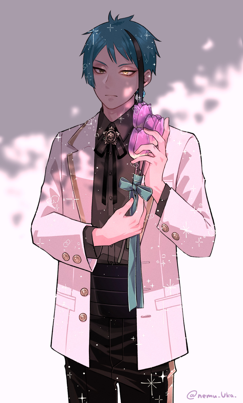1boy, absurdres, birthday_jacket_(twisted_wonderland), blue_hair, bolo_tie, bouquet, brown_eyes, commentary_request