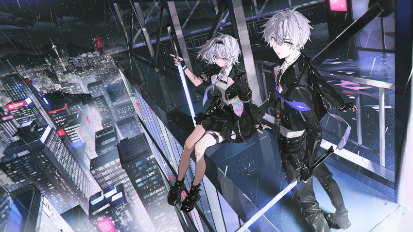 1boy, 1girl, akihare, black_gloves, black_jacket, black_skirt, building, chinese_commentary