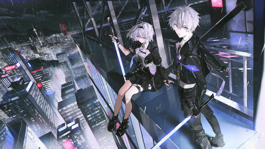 1boy, 1girl, akihare, black_gloves, black_jacket, black_skirt, building, chinese_commentary