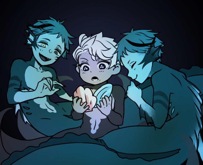 3boys, azul_ashengrotto, azul_ashengrotto_(octopus), blue_hair, blue_skin, brothers, colored_skin, commentary_request