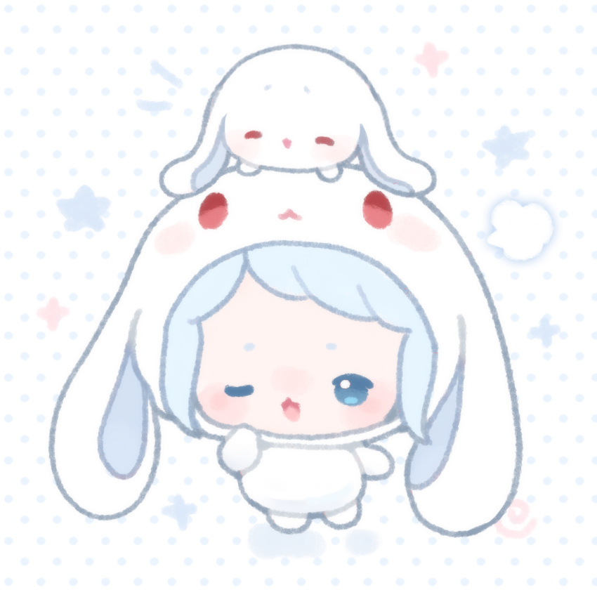 1girl, animal_hood, blue_eyes, blue_hair, blush, chibi, chinese_commentary, closed_eyes