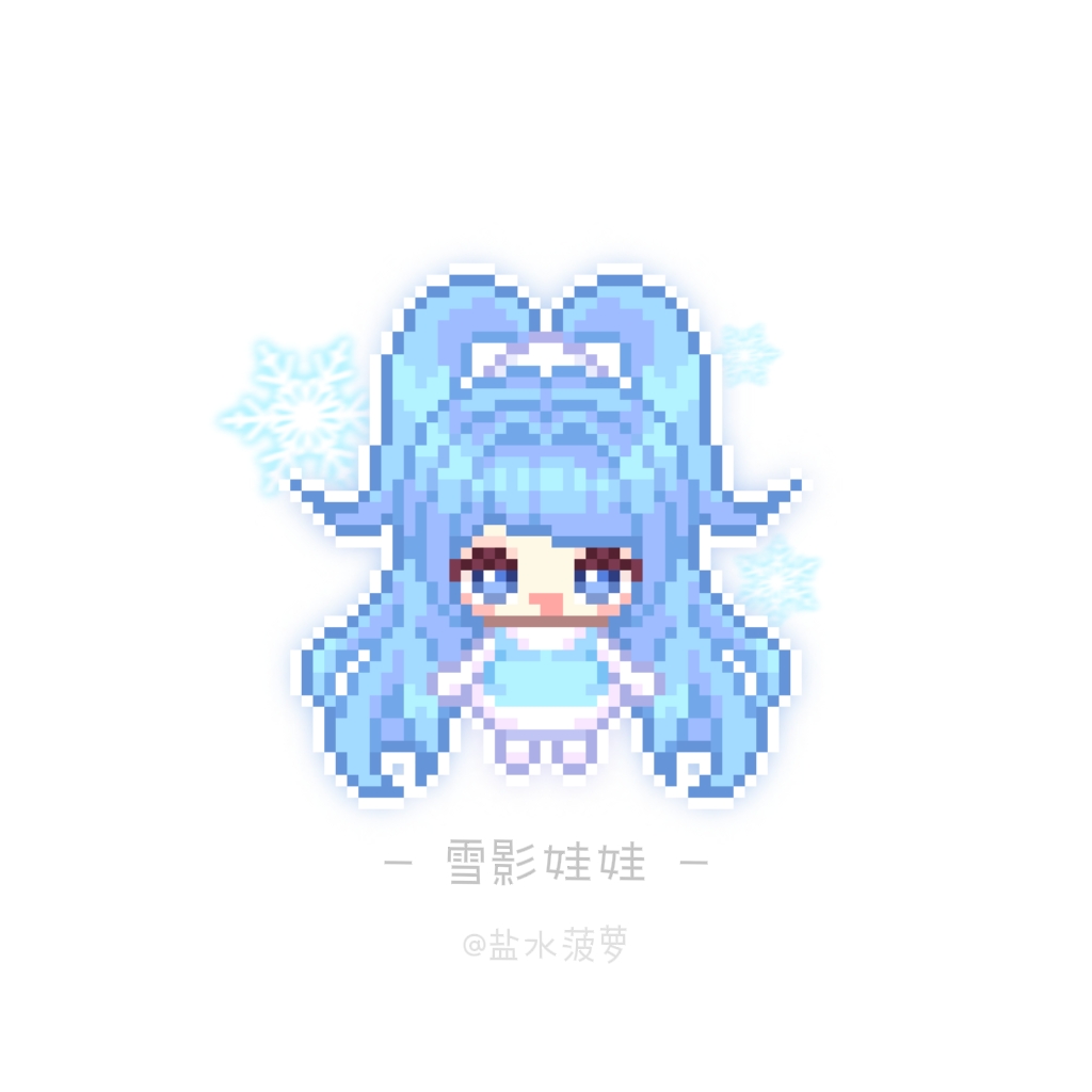 1girl, :d, blue_eyes, blue_hair, chibi, chinese_text, commentary_request, duel_monster, long_hair, looking_at_viewer, open_mouth, pixel_art, ponytail, roco_kingdom:_world, short_eyebrows, simple_background, smile, snowflakes, solo, white_background, xueying_wawa_(roco_kingdom:_world), yanshui_boluo