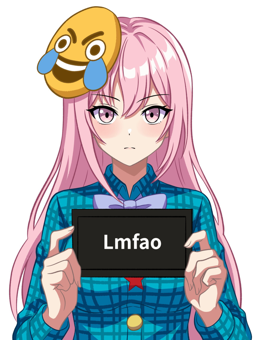 1girl, blush, bow, bowtie, breasts, buttons, closed_mouth, commentary, emoji, hata_no_kokoro, highres, holding, joy_emoji, long_hair, long_sleeves, looking_at_viewer, medium_breasts, pink_eyes, pink_hair, plaid_clothes, plaid_shirt, purple_bow, purple_bowtie, shgngzhngdeyti1, shirt, simple_background, solo, touhou, upper_body, white_background