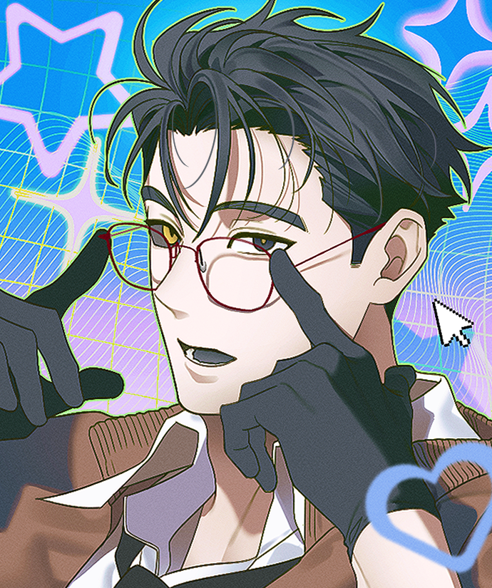 1boy, adjusting_eyewear, black_eyes, black_gloves, black_hair, black_necktie, black_sclera, brown_jacket, cheat_(guardians_of_the_videogame), colored_sclera, dress_shirt, gloves, grid, guardians_of_the_videogame, hair_slicked_back, heterochromia, jacket, looking_at_viewer, male_focus, mullet, necktie, open_mouth, pale_skin, red-framed_eyewear, shirt, short_hair, smile, solo, spiky_hair, suit, suit_jacket, ttalgi_bab, upper_body, white_shirt, yellow_eyes