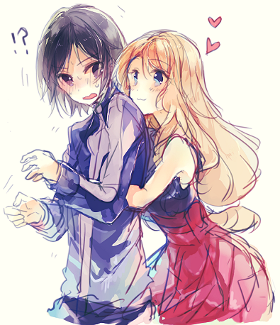 !?, 1boy, 1girl, black_hair, blonde_hair, blue_jacket, blush, calem_(pokemon)