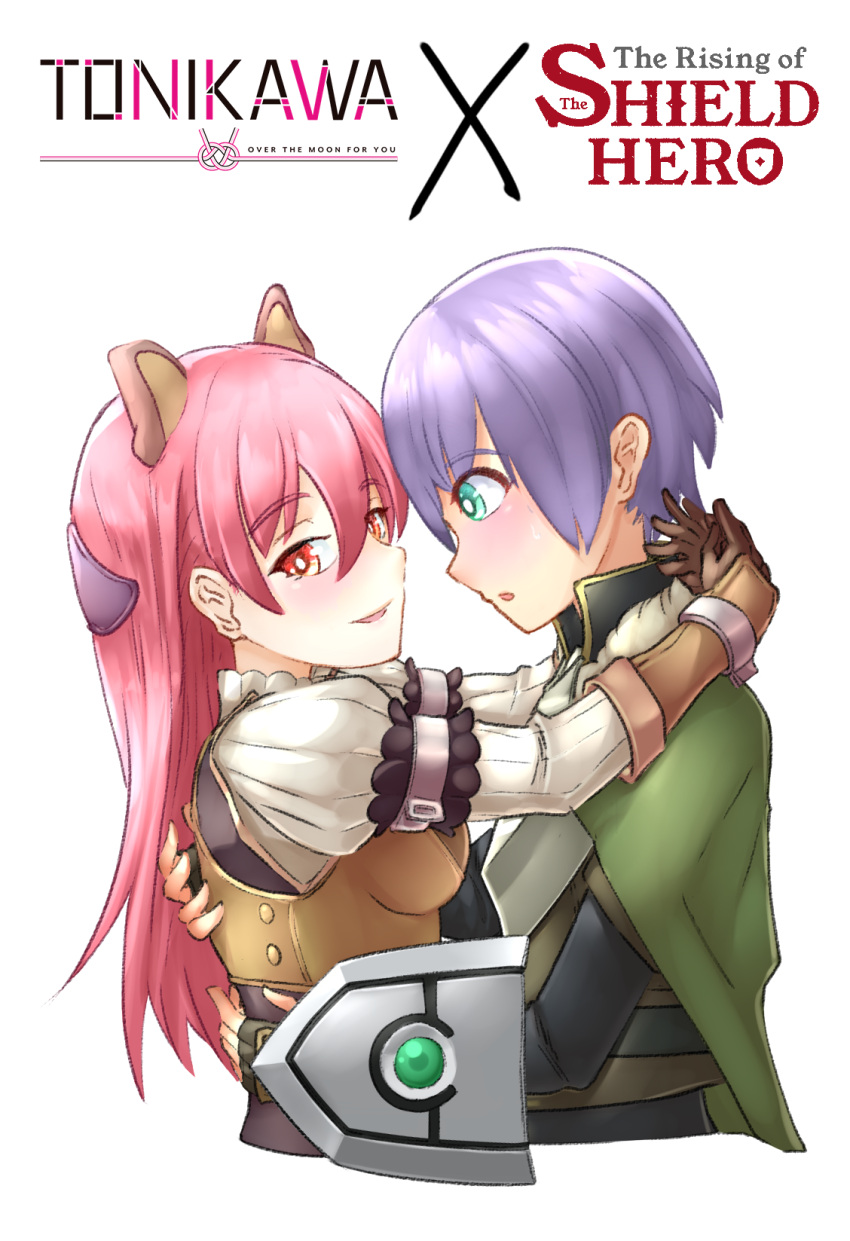 1boy, 1girl, aqua_eyes, arm_shield, armor, belt, black_belt, black_shirt