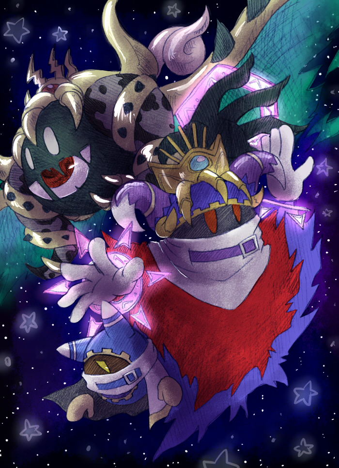 commentary_request, crown, eye_in_mouth, horns, kirby's_return_to_dream_land, kirby_(series), kusa6sora, magolor, magolor_soul, master_crown, multiple_persona, no_humans, rayman_limbs, red_eyes, star_(sky), star_(symbol), traitor_magolor