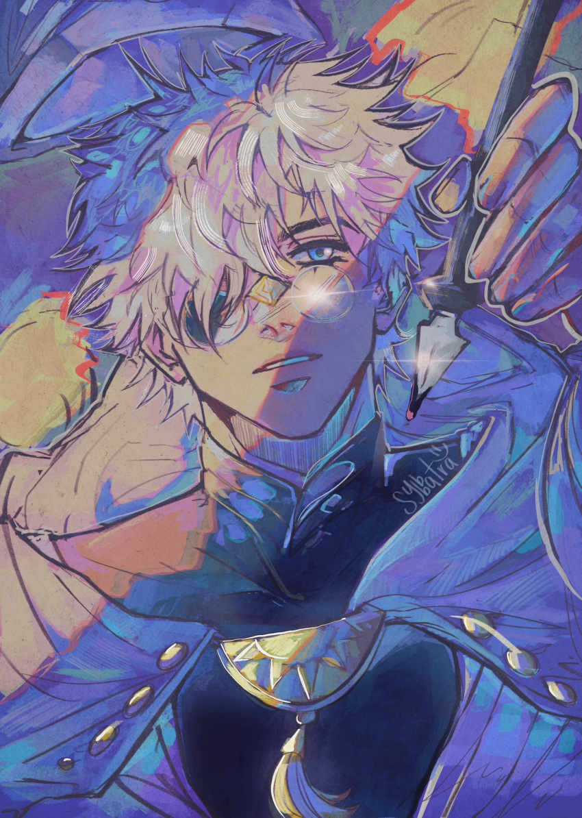 1boy, artist_name, blue_eyes, cape, dark-skinned_male, dark_skin, eyepatch, hair_over_one_eye