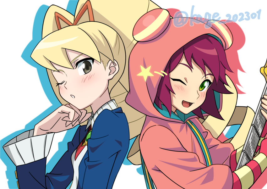 2girls, ;d, ;o, big_hair, blonde_hair, blue_dress, blush, bow, brown_eyes, commentary_request, dress, drill_hair, green_eyes, guitar, hair_bow, highres, holding, holding_guitar, holding_instrument, hood, hood_up, hoodie, instrument, kage_202301, long_hair, long_sleeves, looking_at_viewer, luna_platz_(mega_man), mega_man_(series), mega_man_star_force_(series), multiple_girls, one_eye_closed, open_mouth, orange_bow, pink_hood, pink_hoodie, red_hair, short_hair, smile, sonia_strumm_(mega_man), twin_drills, twintails, twitter_username, upper_body, very_long_hair, white_background