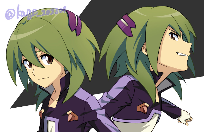 2boys, black_background, brown_hair, commentary_request, cropped_jacket, dark_persona, dual_persona, fingerless_gloves, gloves, green_hair, hair_between_eyes, highres, jacket, kage_202301, long_sleeves, looking_at_viewer, male_focus, mega_man_(series), mega_man_star_force_(series), multiple_boys, patrick_sprigs_(mega_man), purple_jacket, rey_sprigs_(mega_man), shirt, short_hair, smile, teeth, twitter_username, two-tone_background, upper_body, white_background, white_gloves, white_shirt