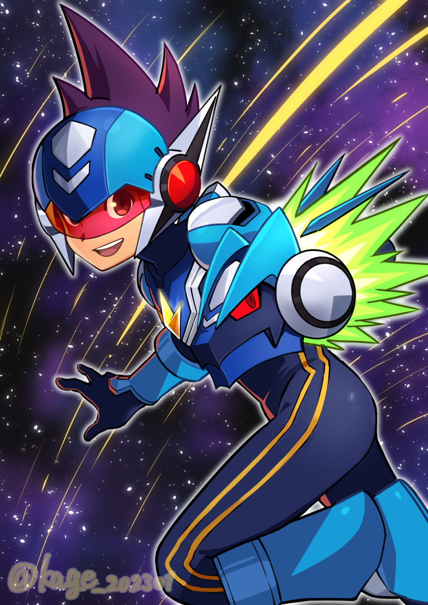 1boy, :d, assault_visor, blue_bodysuit, blue_helmet, bodysuit, commentary_request, from_side, geo_stelar_(mega_man), helmet, highres, kage_202301, looking_at_viewer, male_focus, mega_man_(series), mega_man_star_force_(series), omega-xis_(mega_man), open_mouth, purple_hair, smile, solo, space, spiky_hair, star_(sky), star_force_mega_man, teeth, twitter_username, upper_teeth_only