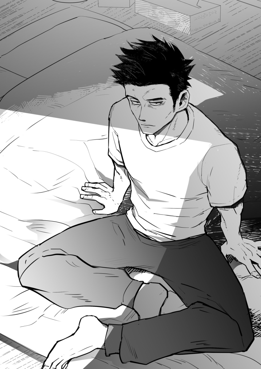 1boy, aged_down, arm_support, barefoot, casual, closed_mouth, endeavor_(boku_no_hero_academia), facial_hair, from_above, full_body, futon, greyscale, highres, indian_style, indoors, jujutsu_kaisen, kusakabe_atsuya, looking_at_viewer, male_focus, monochrome, pants, shirt, short_hair, short_sleeves, sideburns, sitting, solo, spiky_hair, stubble, t-shirt, tatami, todo_aoi_(jujutsu_kaisen)