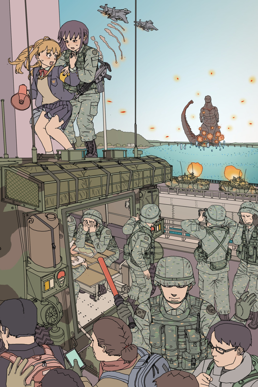3girls, 6+girls, absurdres, aircraft, airplane, bridge, fighter_jet, firing