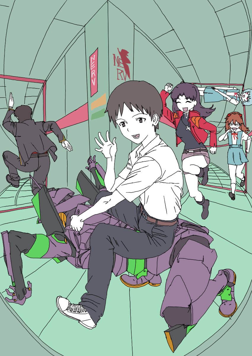 2boys, 3girls, ayanami_rei, belt, black_pants, commentary_request, eva_01, fukufaku